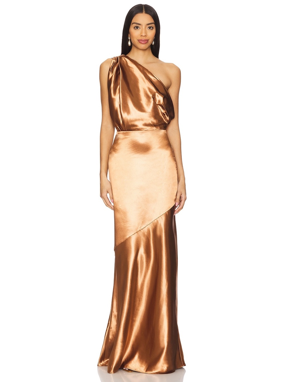 Lovers + Friends Revolve Copper Brown Satin One Shoulder Draped Sheridan Gown M